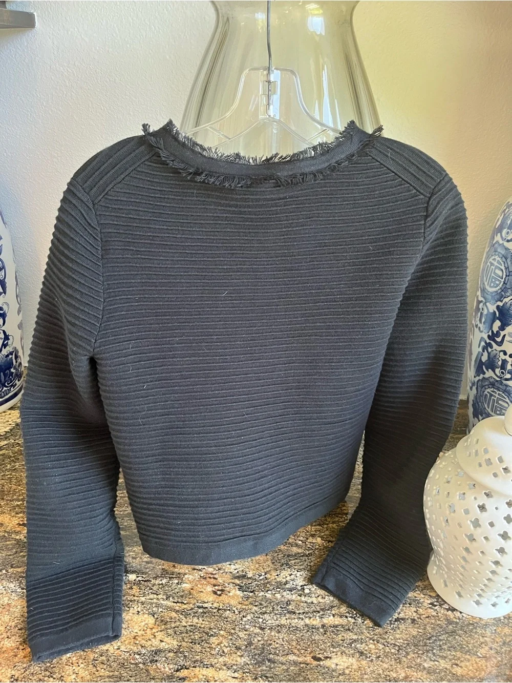 J. Crew Black Ribbed Fringe-Trim Gold-Button Cardigan